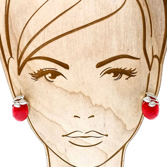 Vintage Red Lucite Earrings with Gold Tone Leaves Overlay, Dimensional Clip Ons - Picture 1 of 5